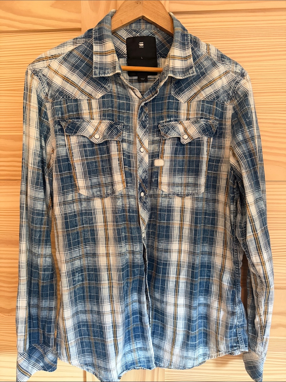 G-Star Blue and Cream Plaid Button-Down Shirt